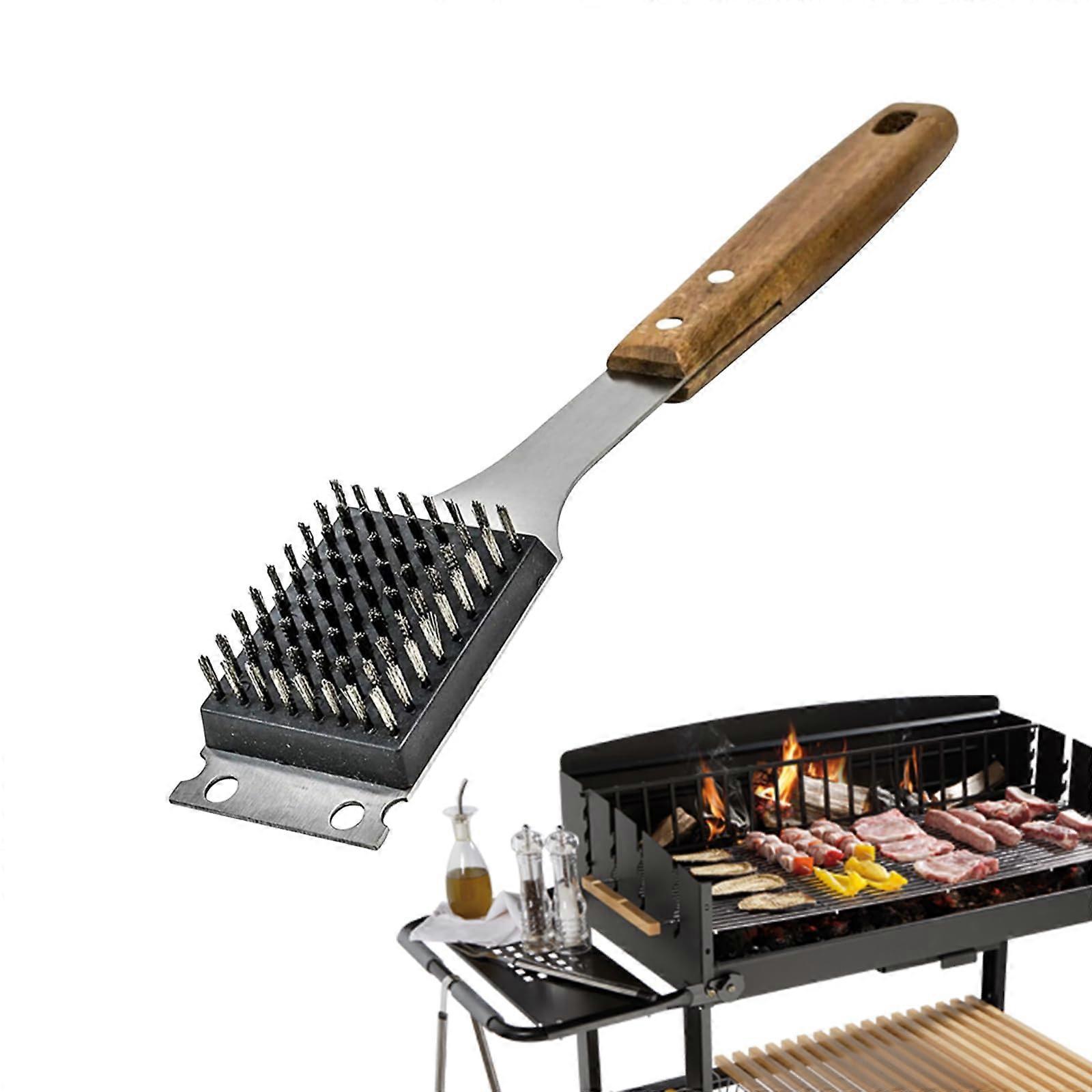2in1 grill cleaning brush with stainless steel bristles  wooden handle