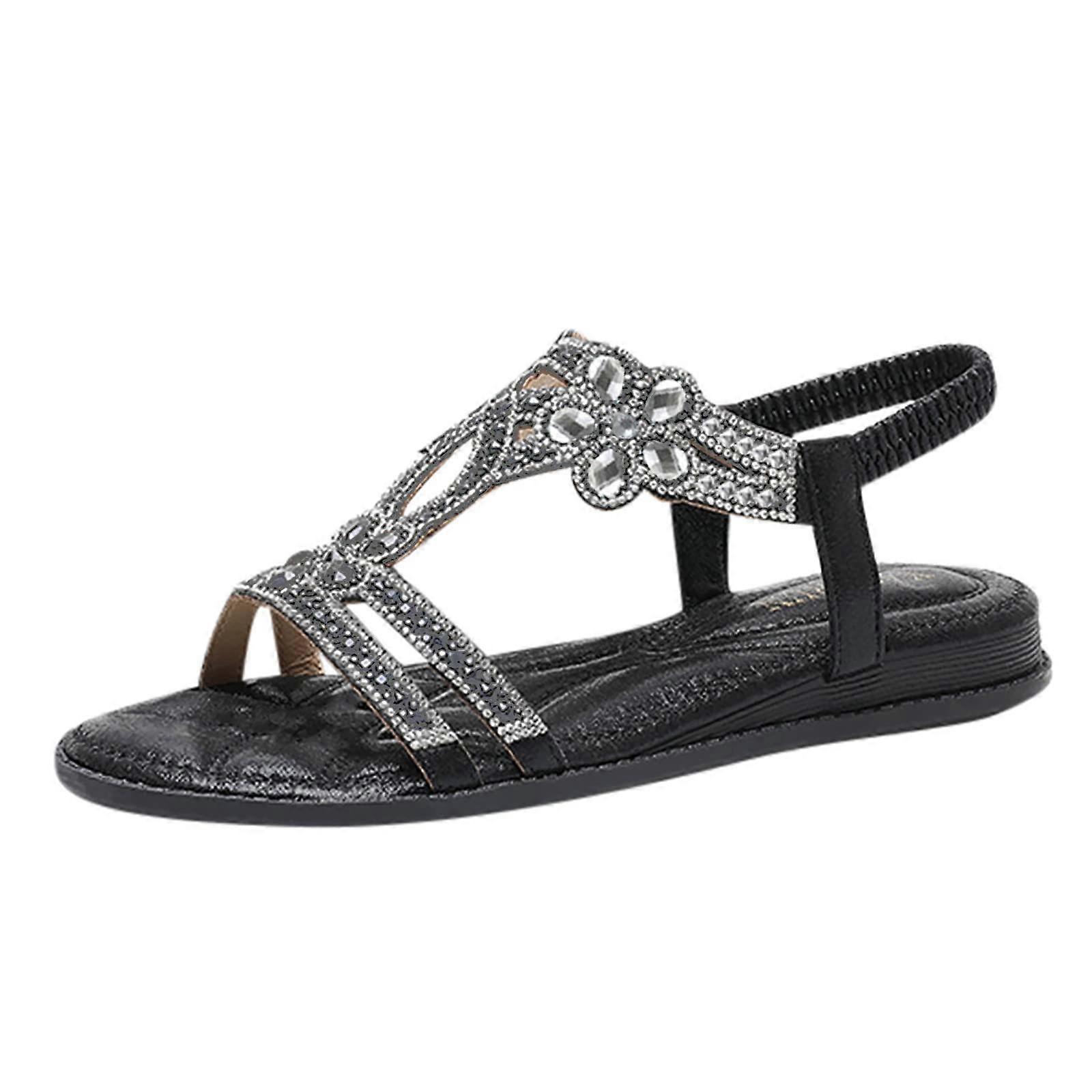 Summer Shoes Women's Sandals Flat Rhinestone Bead Bohemian Beach Flip Flops Casual Ankle Elastic Wedge Heel Size 42 Black