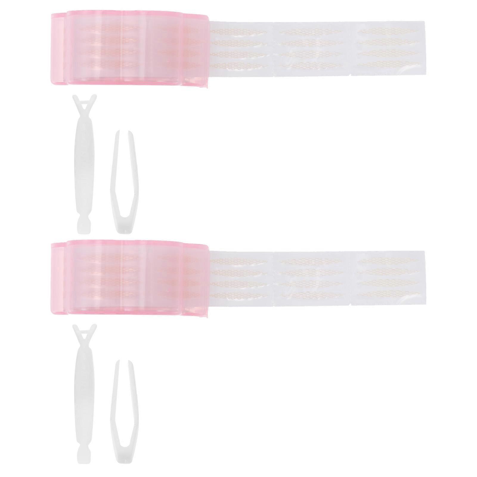 2 Sets Traceless Double Eyelid Tapes with Fork Tweezer Beauty Eye Patches in Pink
