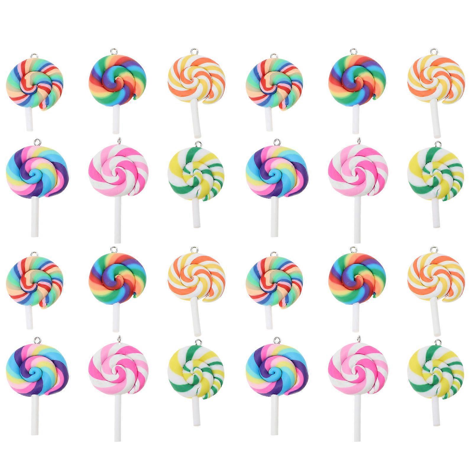 24PCS Rainbow Clay Lollipop Pendants for DIY Jewelry Making – Ideal for Crafts, Bracelets, and Necklaces