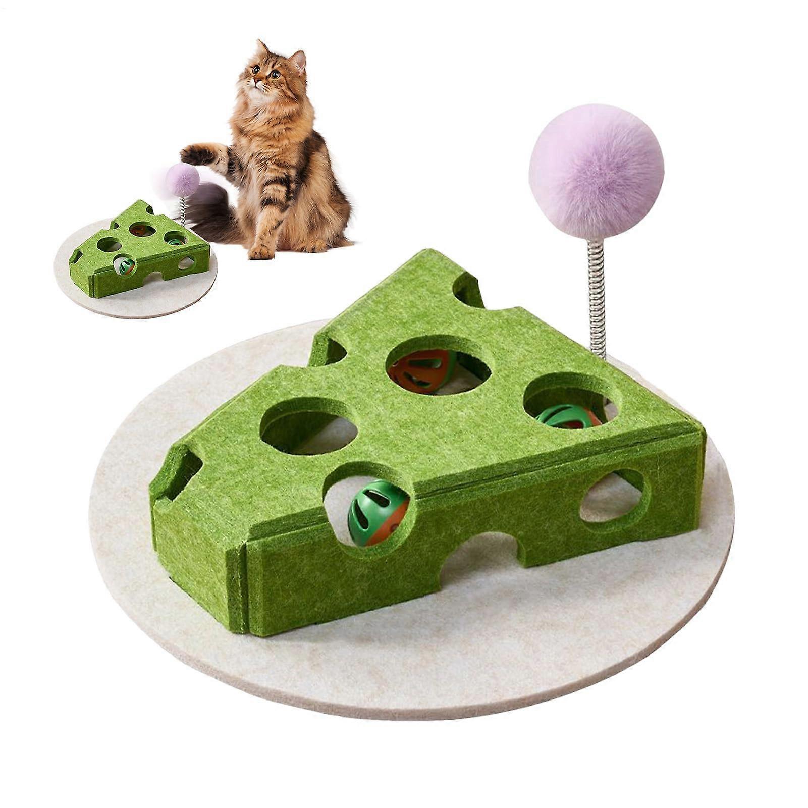 Puzzle Feeder Cat - Cheese-Shaped Interactive Toy with Food Dispenser and Bell Ball for Indoor Outdoor Use for Small Large Cats