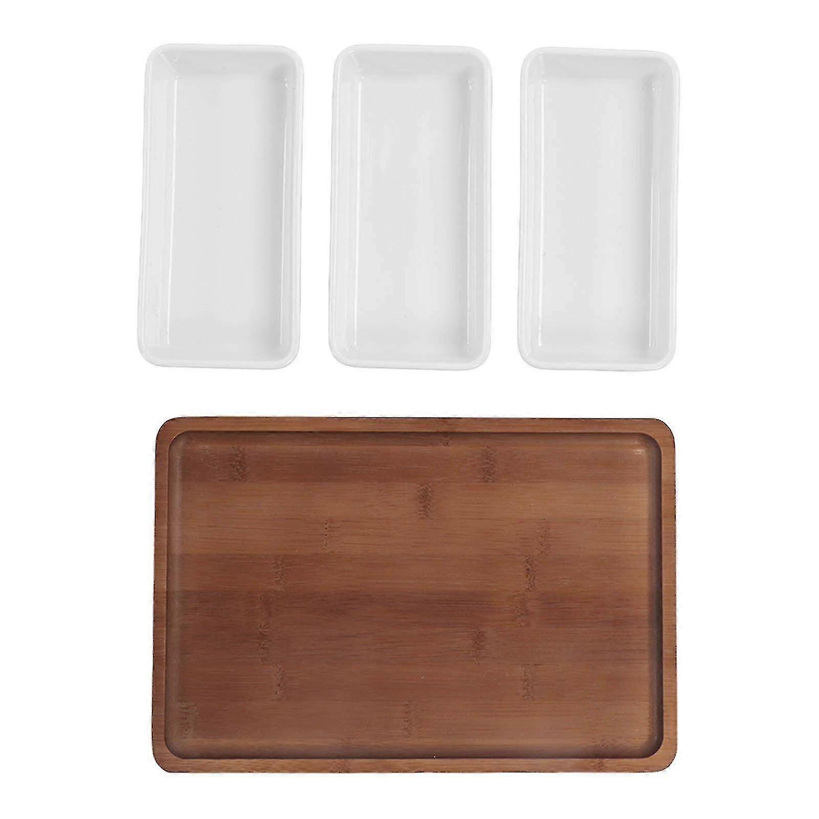 Ceramic Snack Serving Tray Set with Bamboo Pallets - Segmented Long Strip Dishes for Cookies, Nuts, Bread & Desserts