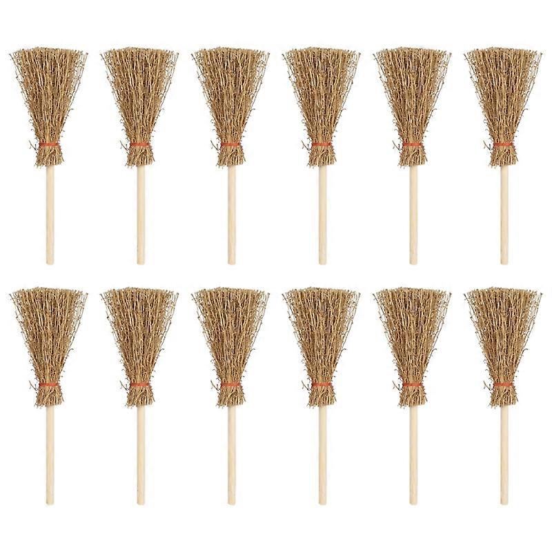 12Pcs Mini Broom Red Straw Rope Brooms Hanging Decorations for Halloween Costume Witch Broom Dollhouse Accessories