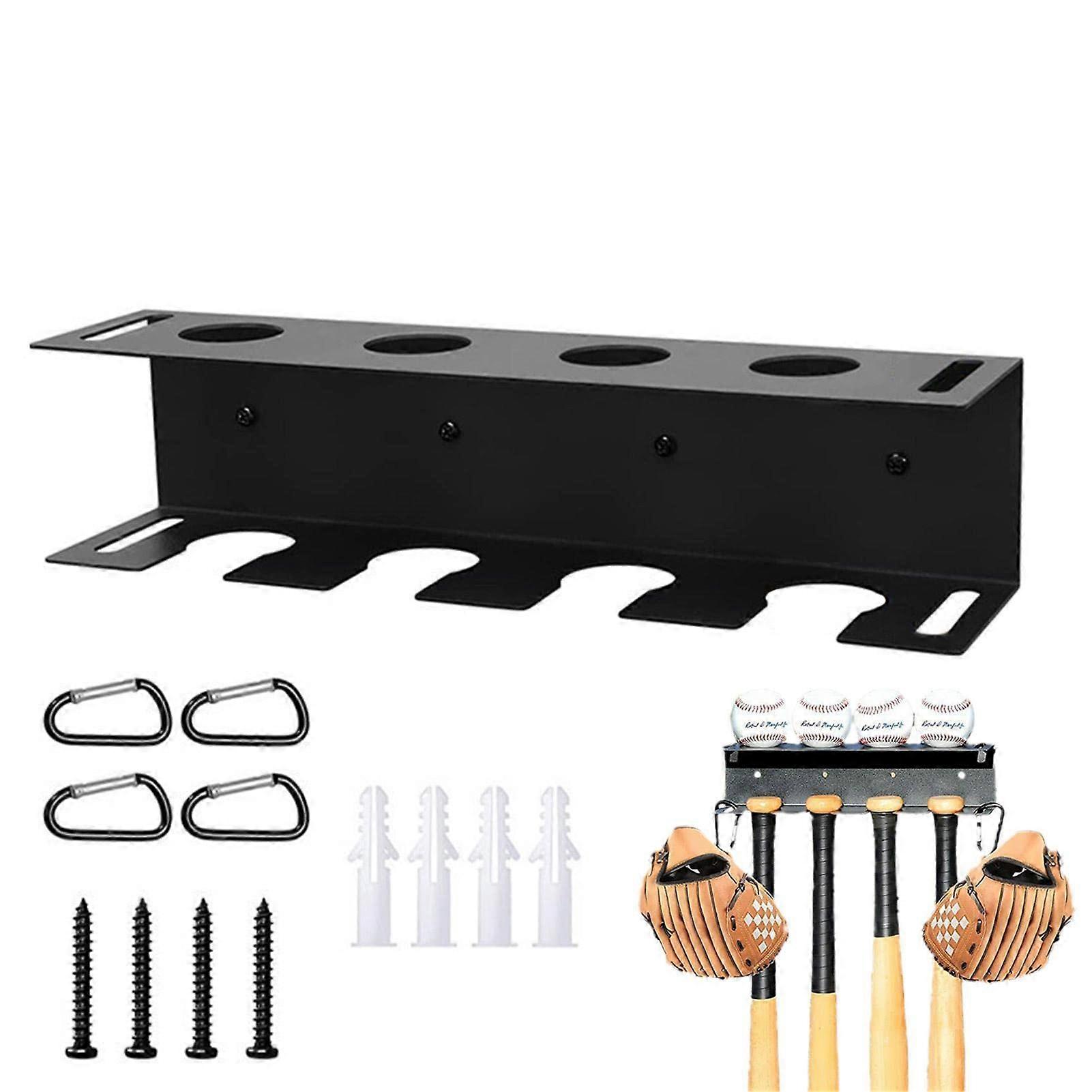 Metal Bat Storage Stand Wall Mount for Baseball Bats Steel Bat Holder Holds 4 Bats and Hanging Balls