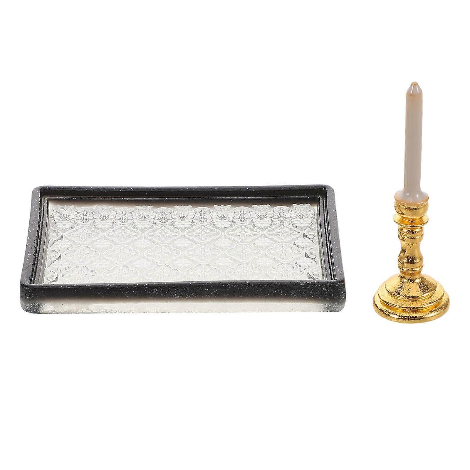 Miniature Kitchen Tableware Tray with Candlestick Holder for Display in Assorted Color and Resin Alloy 1Set