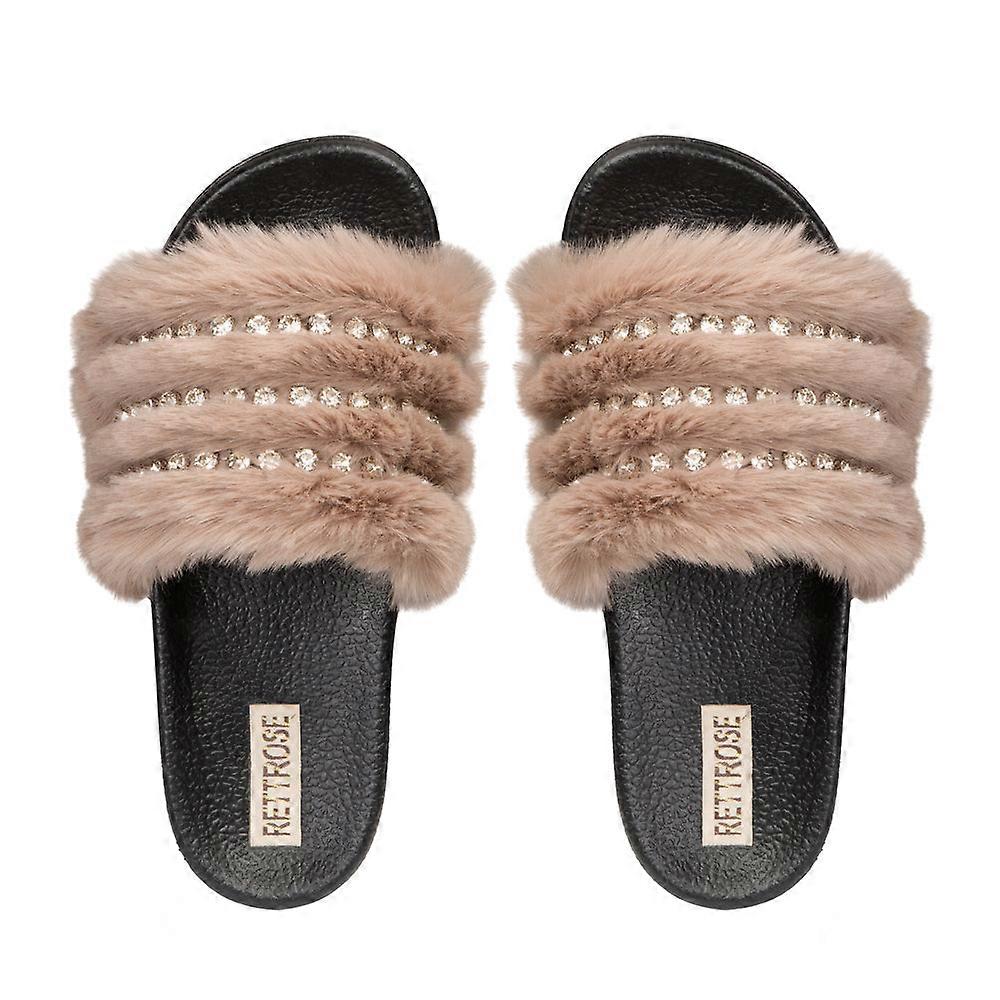 Rettrose anita mink women’s luxury sliders – hand embellished faux fur sliders with black sole & beige faux fur, diamanté details by rettrose