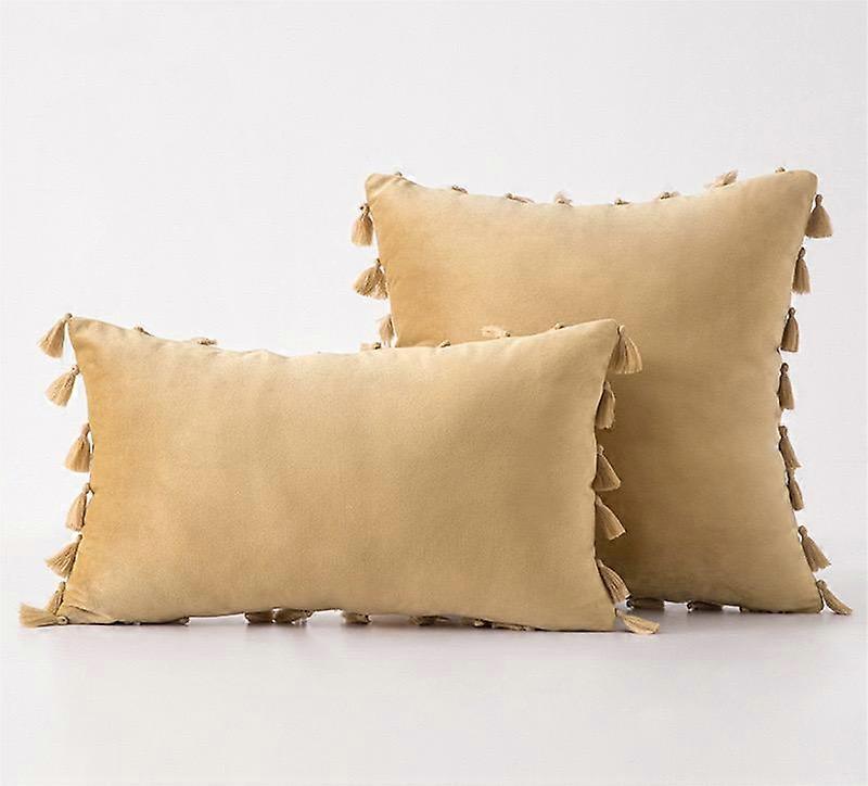 Pack Of 2 Velvet Soft Solid Decorative Throw Pillows With Tassels Fringe Boho Accent Cushion For Couch Sofa Bed, Khaki