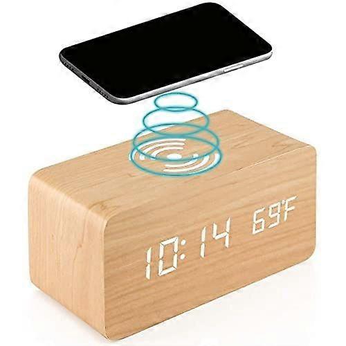 Wooden digital alarm clock with wireless charging 3alarms Electronic LED with temperature time display 3 levels of adjustable brightness(Yellow)