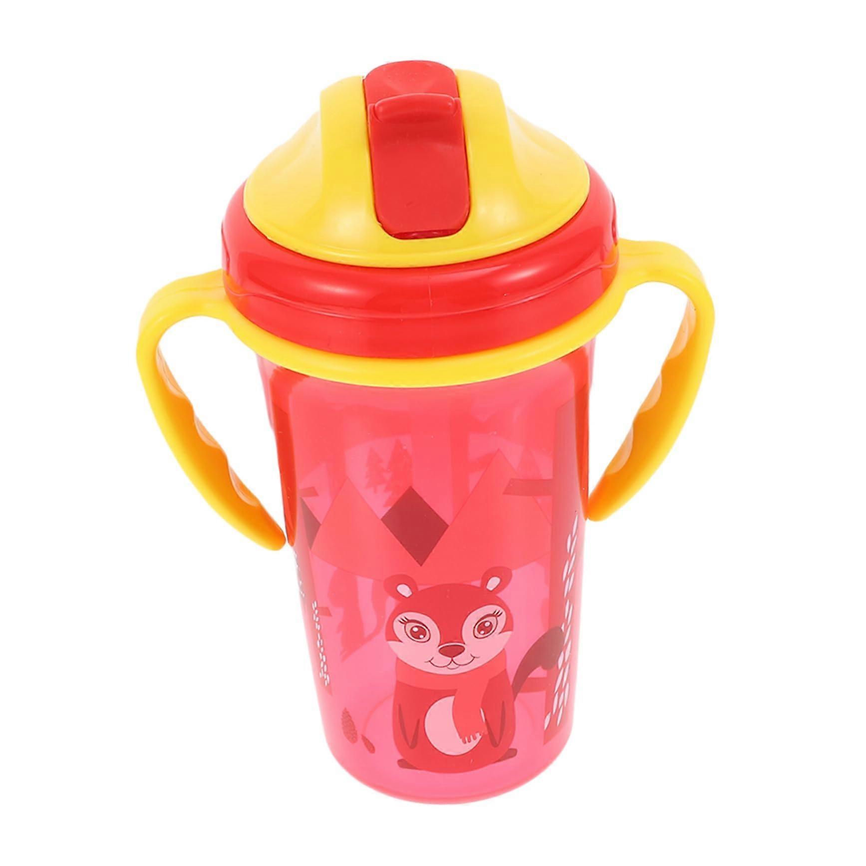Portable Leakproof Drinking Training Cup with Handles 350ml Red Cartoon Design Ideal for Travel and Outings