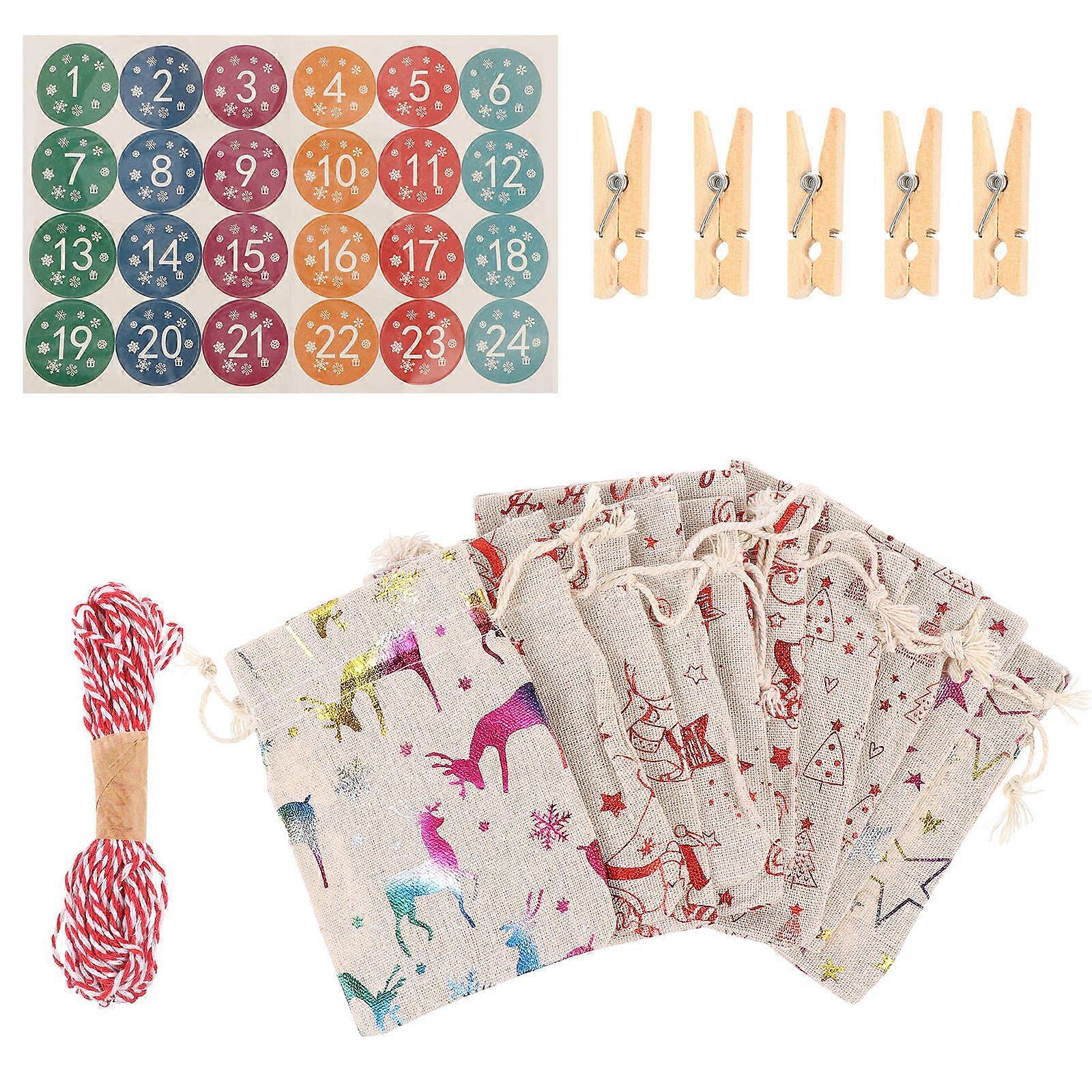 Christmas Advent Calendar Bags Set For Holiday Decorations 13X9 Cm Multi Color Drawstring Design 2 Sets