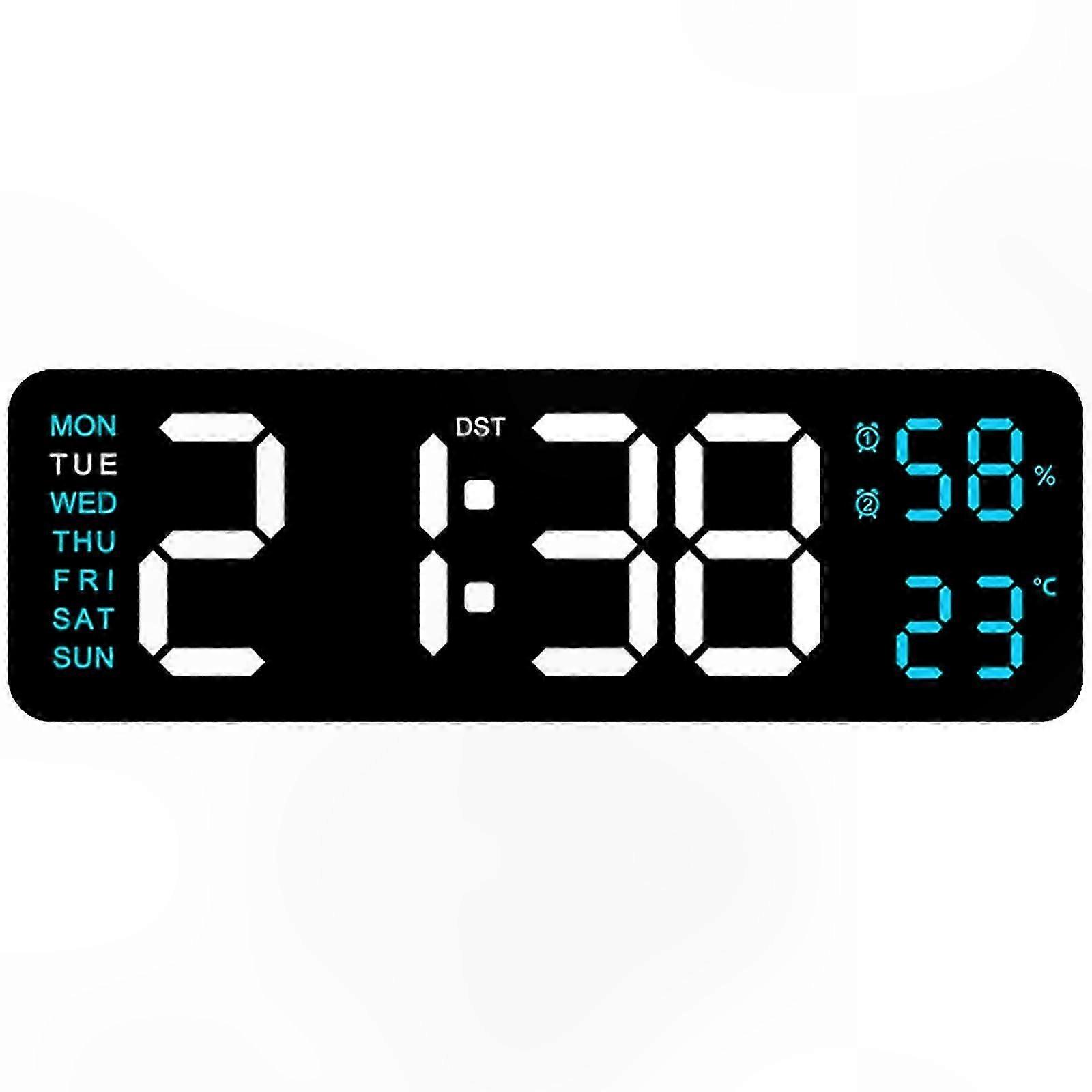 LED Wall Clock with Temperature Humidity Display, Date and Week Function, Alarm Feature, Rectangular Design