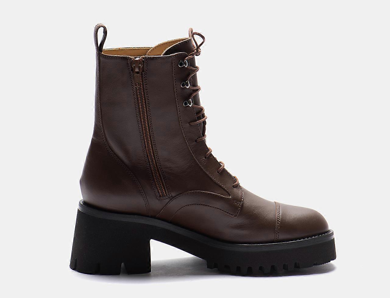 Via Della Paglia – Margherita Calf Leather Ankle Boot with Chunky Rubber Sole, Side Zip, Decorative Hooks and Laces