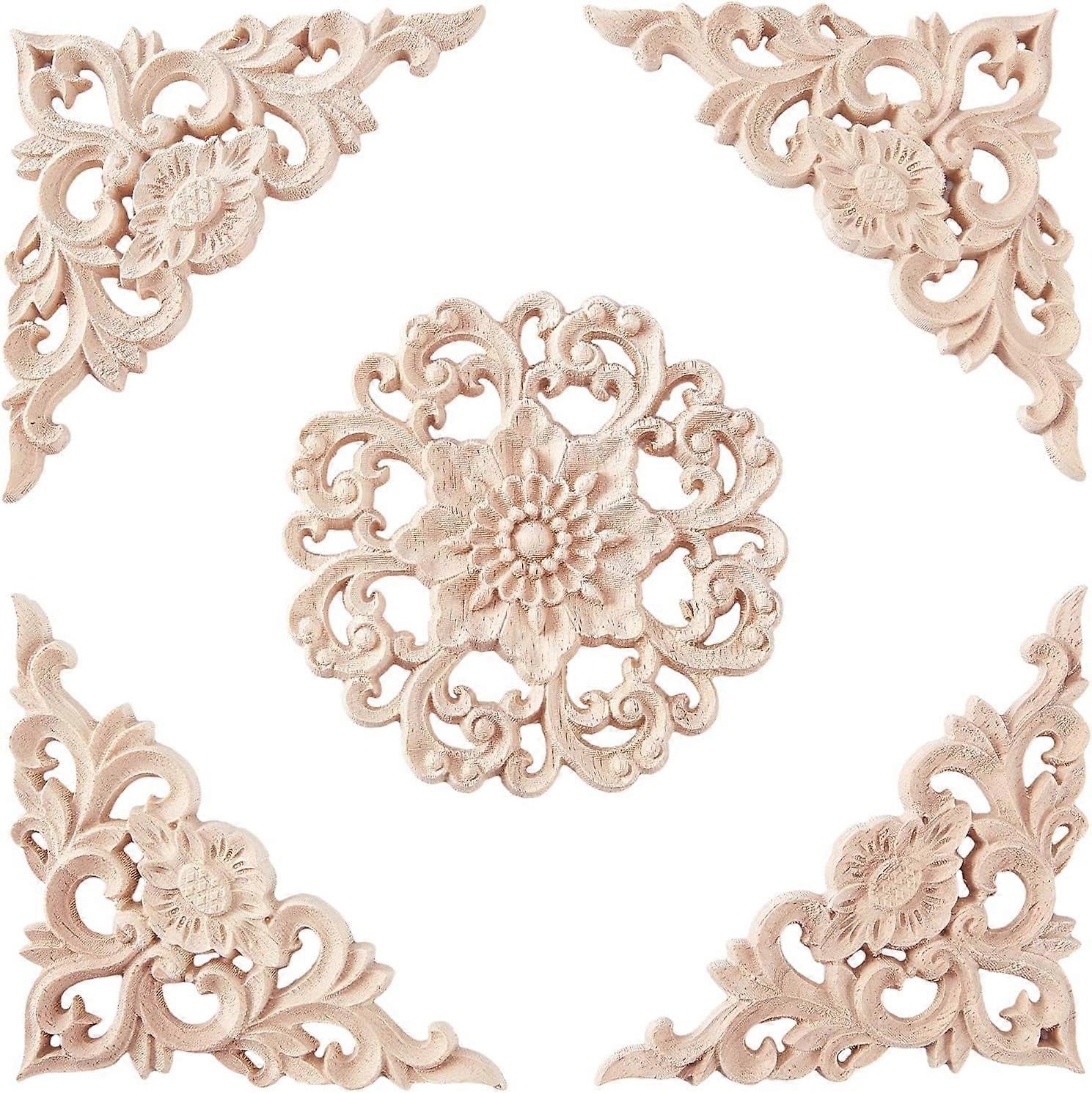 4Pcs Triangle & 1Pc Round Wood Carved Applique, Unpainted Craft for Furniture, Cabinet, Front Door Home Decor