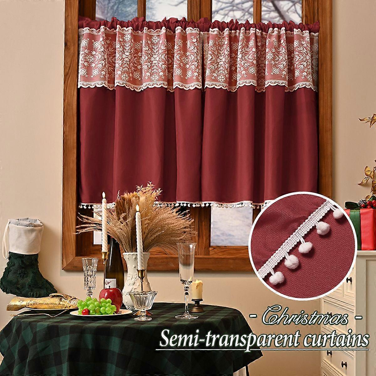 New Christmas curtains pongee semi-transparent snowflake bottom edge ball red
