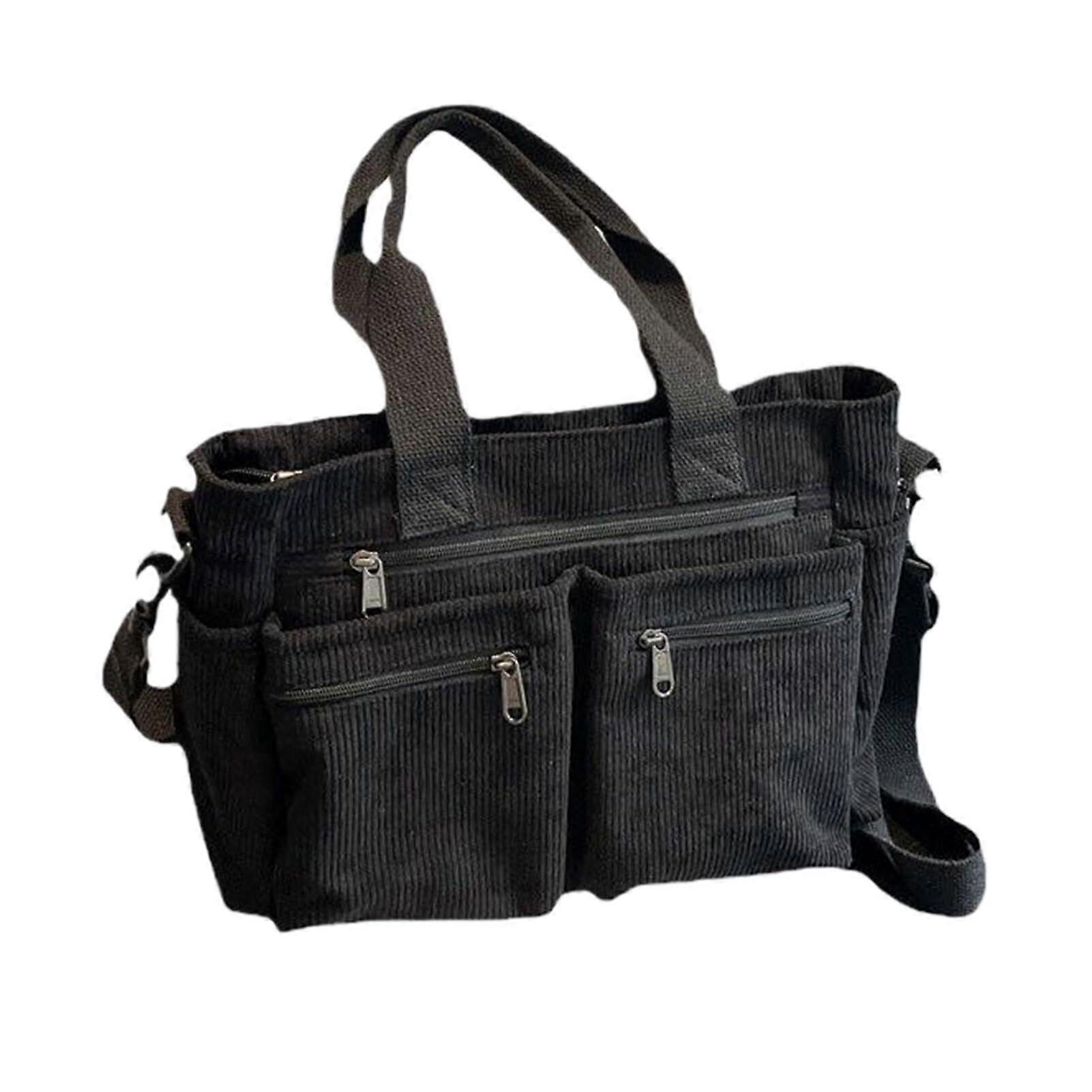 Corduroy Handbag Large Capacity Canvas Shoulder Bag Black Women's