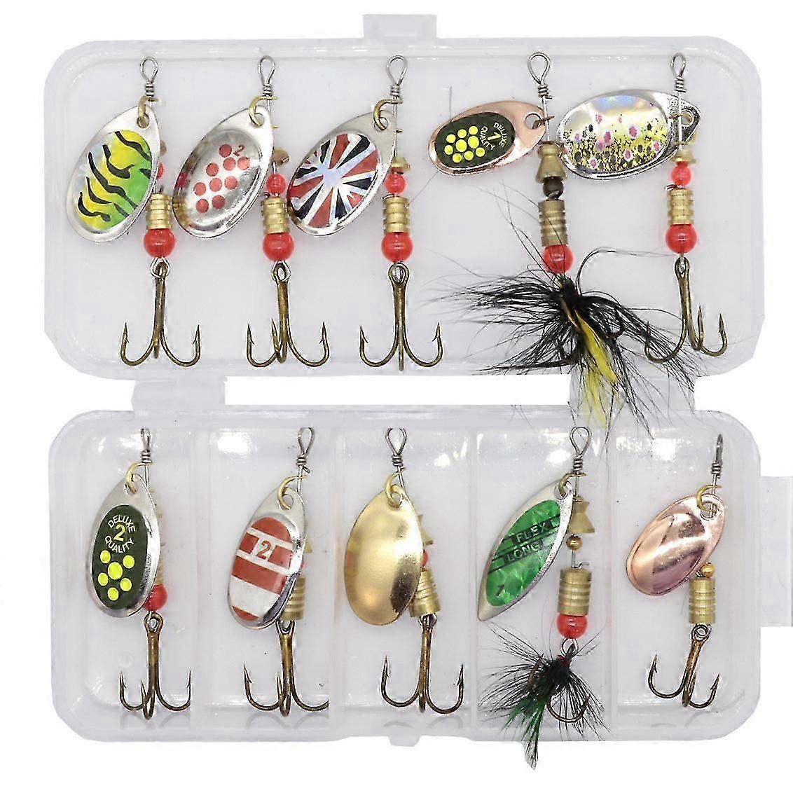 10 spinners in a practical box, nice multi-coloured fishing lures