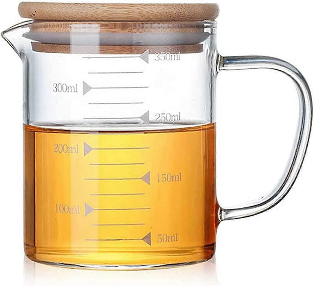 OYRIS Graduated Beaker Coffee Mug with Handle and Durable Bamboo Lid Borosilicate Glass Multi-Function Food Grade Milk Measuring Cup 350ml