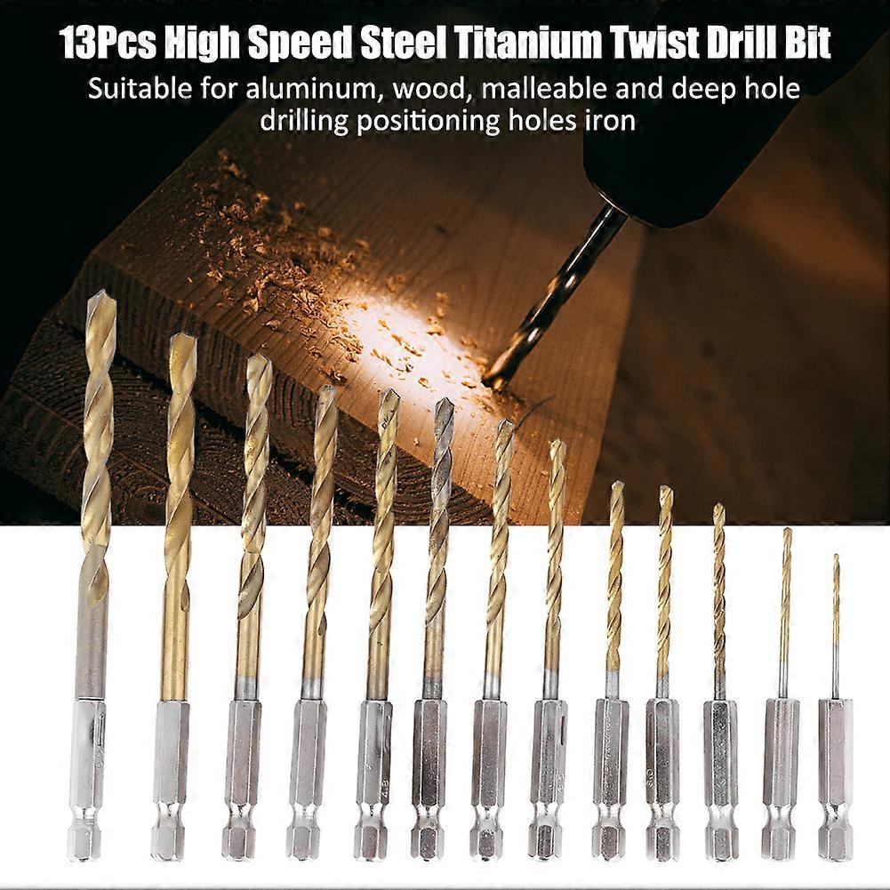 13Pcs 1.5-6.5mm High Speed Steel Titanium Coated Twist Drill Bits Set with Hexagonal Handle