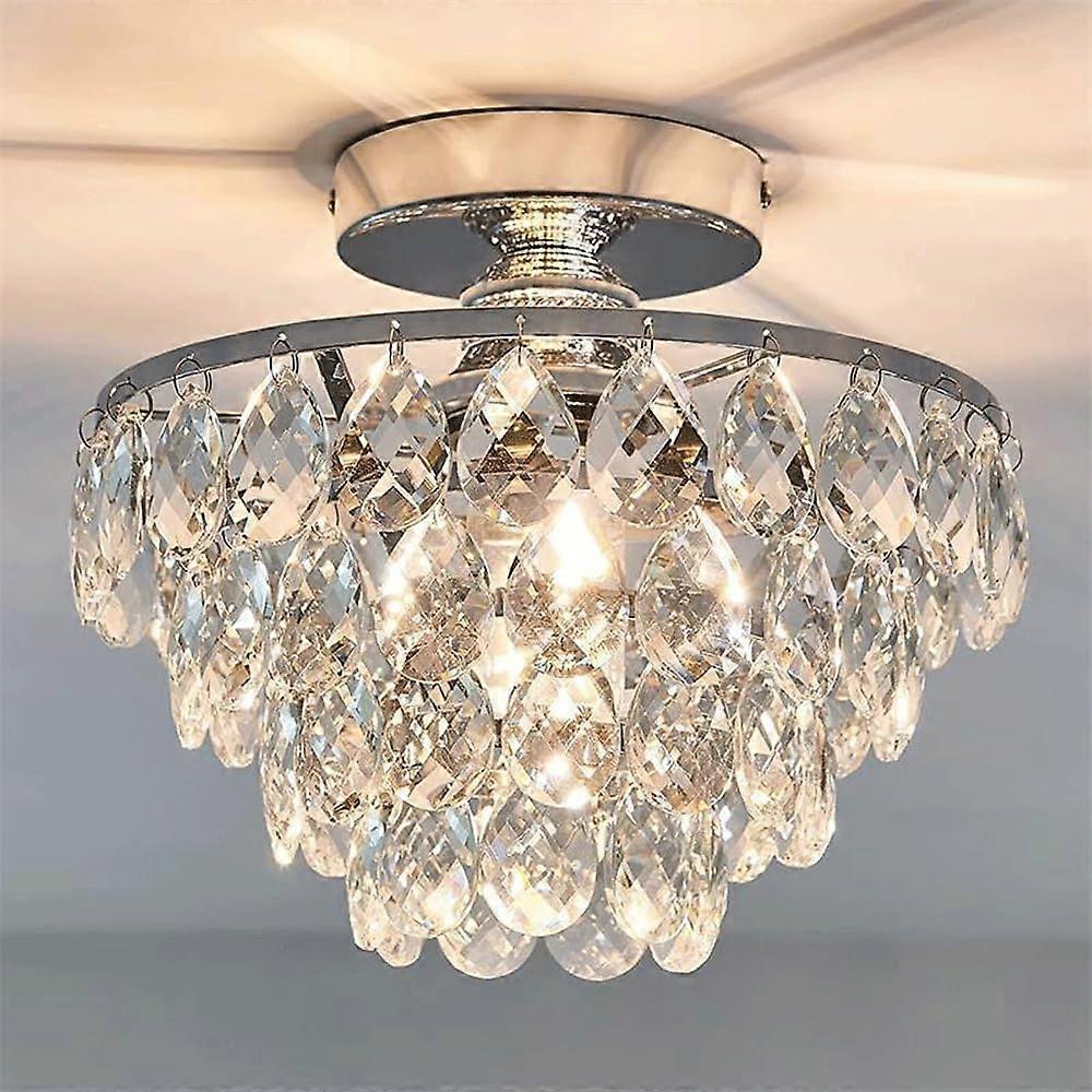 Modern Crystal Ceiling Light E26 Socket Semi Flush Mount Silver Finish Small Indoor Lamp For Kitchen Tri Color Dimmable