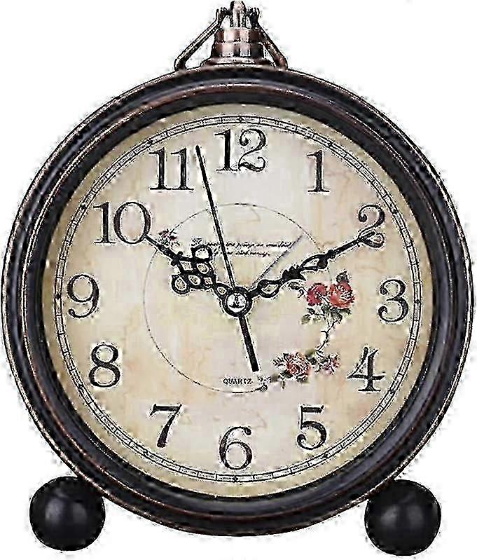 Vintage Retro Table Clock Metal Gold Silent Desk Clock Non Ticking Decorative Mantle Clock Farmhouse Style Table Clock (1pc, dark brown)