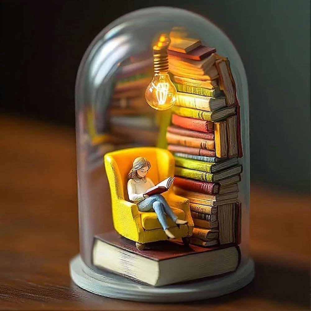 Reader Night Light Miniature Book Lover Lamp Sculpture With LED Light Reading Figurine Tiny Bookshelf Statue Style 2