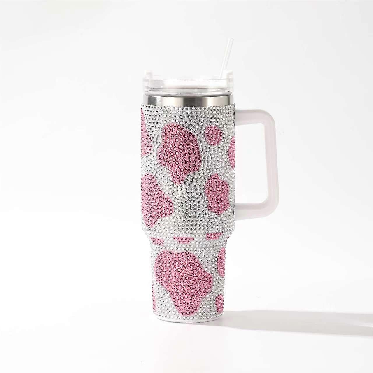 Pink - 1.1L-2L Bow-shaped Rhinestone Insulated Mug, 40oz, Large Capacity, with Handle and Straw, Ice-Powered Mug