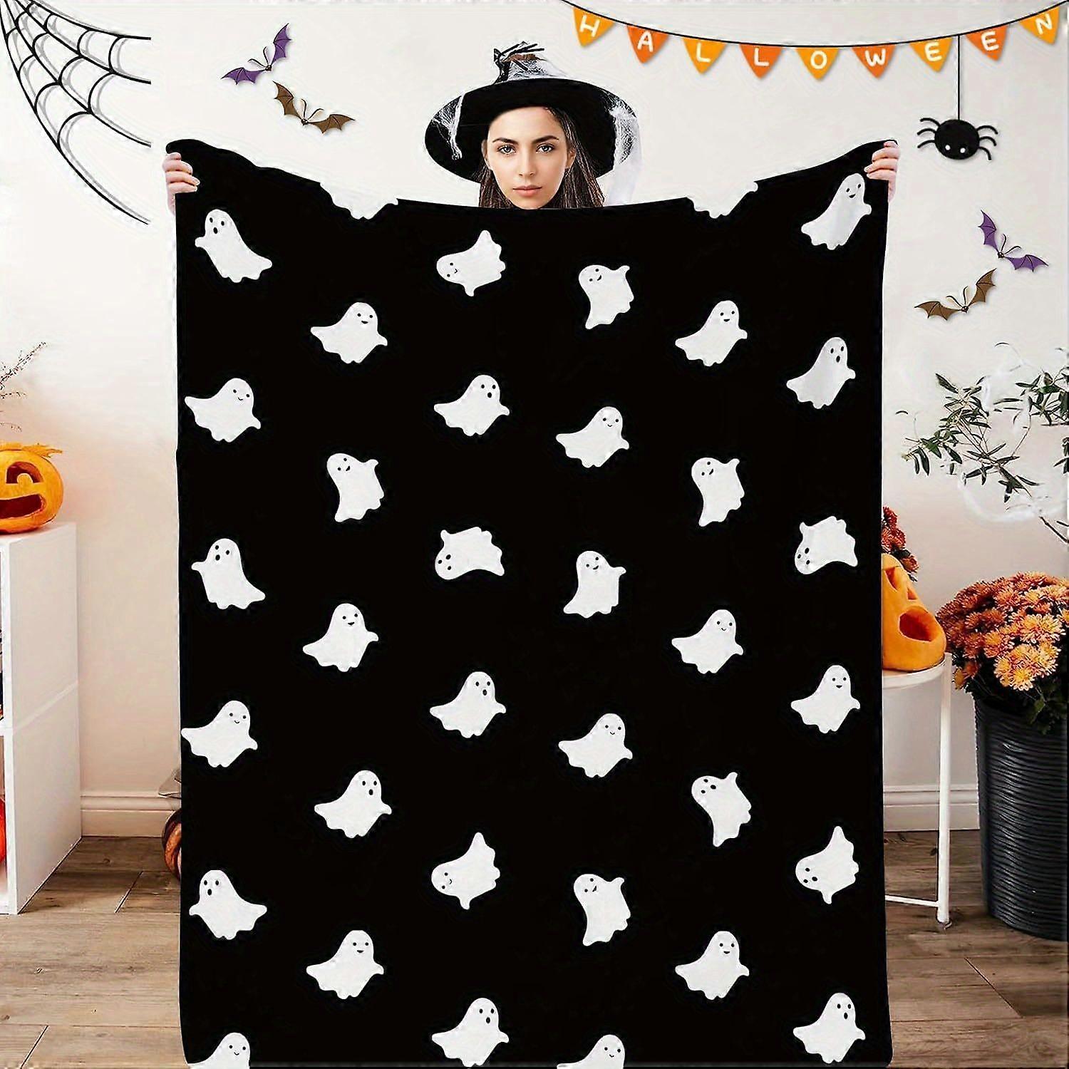Halloween Gift Blanket - Spooky Ghosts, Bats & Spider Web Design on Black Background - Soft Flannel Throw for Couch, Bed-edcvb110
