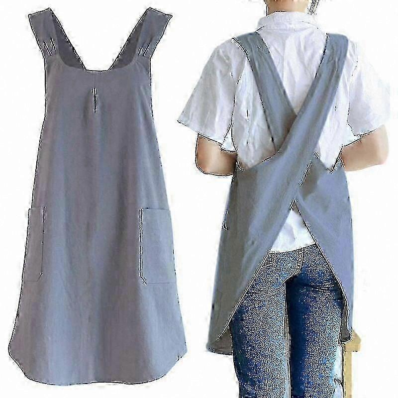 Linen Apron with Cross Back and Pockets for Cooking Gardening Cleaning in Gray Dark Gray