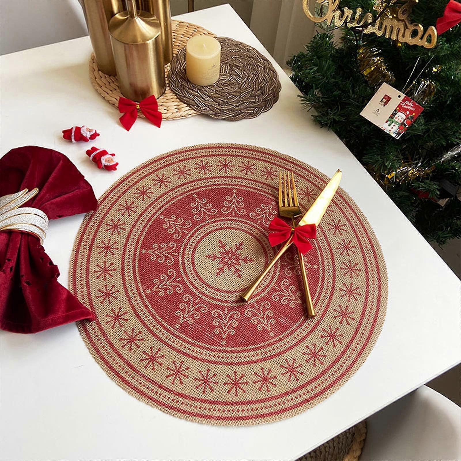 Christmas Placemats Round Woven Snowflake Reindeer Design, Red Table Mats with Non-Slip Backing for Holiday Kitchen Tables, Compatible with Standard