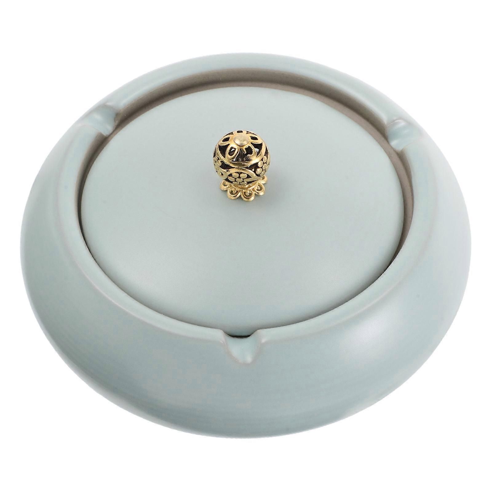 Decorative Blue Ceramic Ashtray with Lid for Smoking Use Windproof