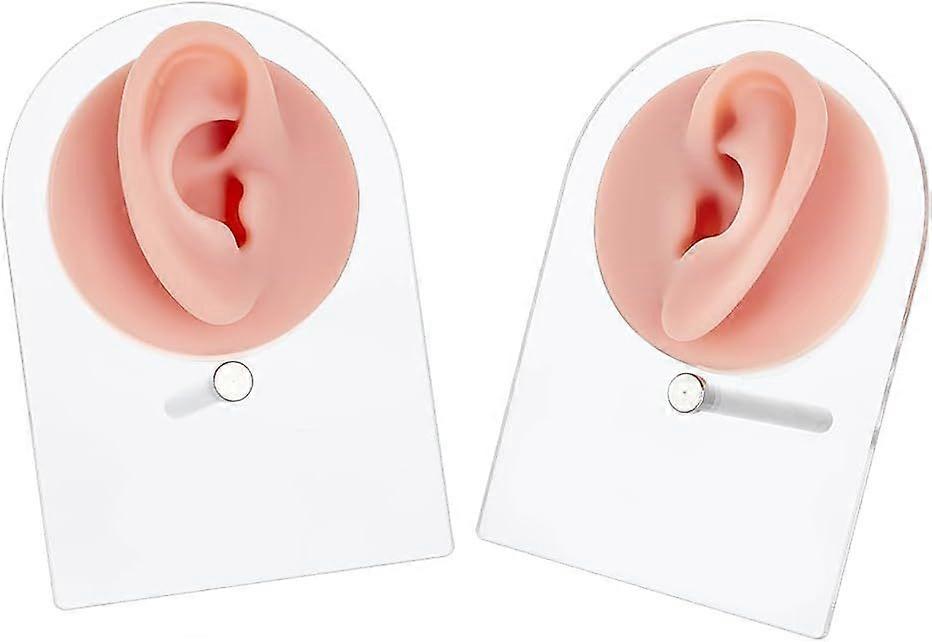 2 Sets Flexible Silicone Fake Ear Model with Acrylic Stand Left and Right Soft Flexible Ear Model Silicone Earring Show Rack Piercing Practice for Jew