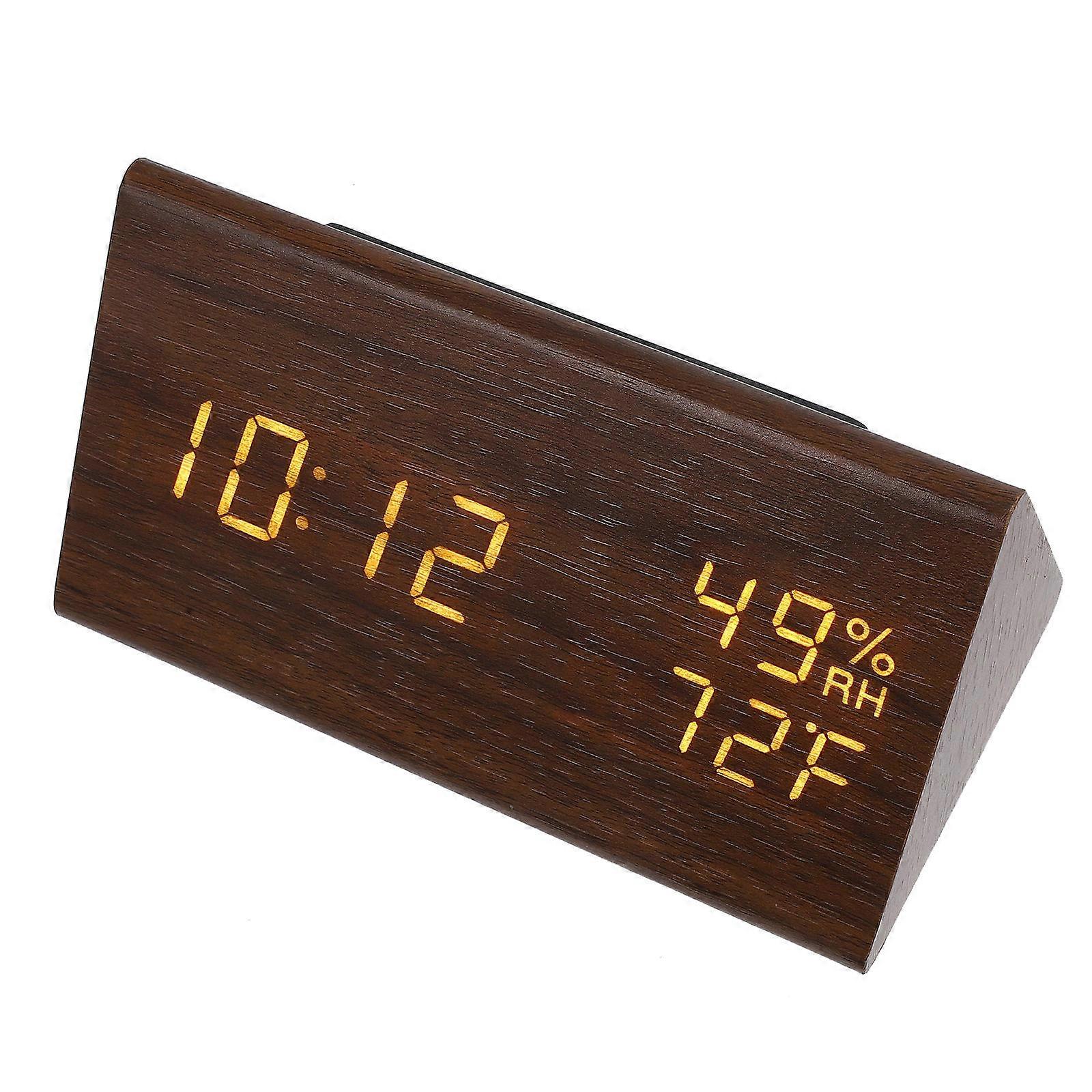 Wooden Desk Clock Triangle for Bedroom with Temperature Display
