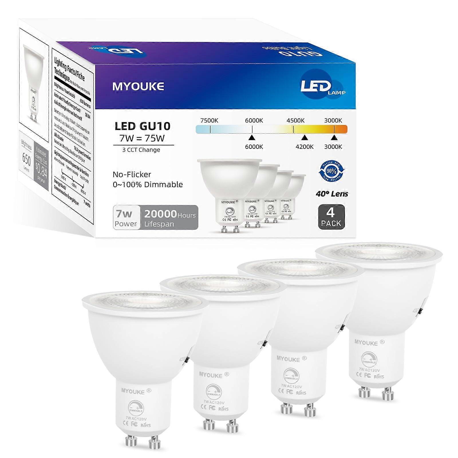 GU10 LED Bulbs 3 Color Selectable 650 Lumens Dimmable Spotlight 40° Beam for Track Lighting 4Pack