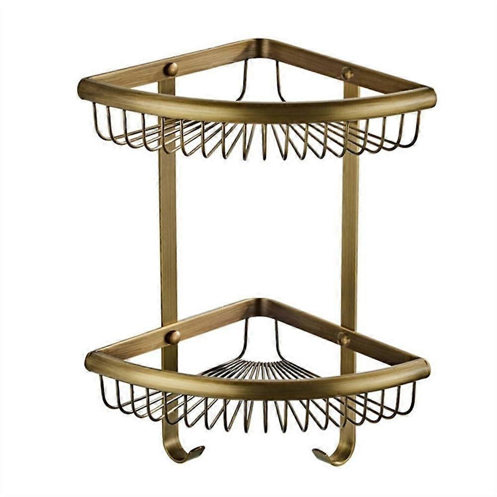 2 Tier Copper Bathroom Corner Shelf with Hooks, Wall Mounted Shower Caddy Organizer
