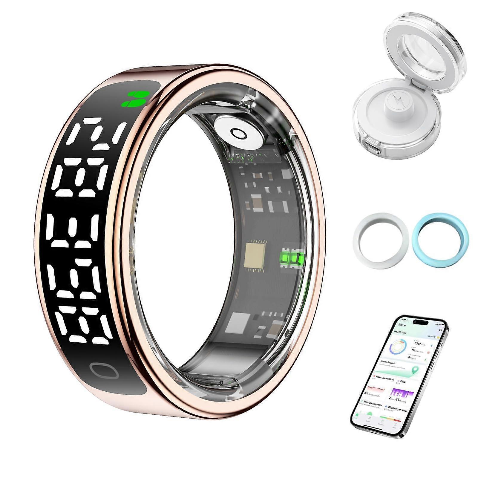 Smart Health Ring with Heart Rate and Sleep Monitoring, 5ATM Waterproof Fitness Tracker for iOS and Android, Gold Size 8