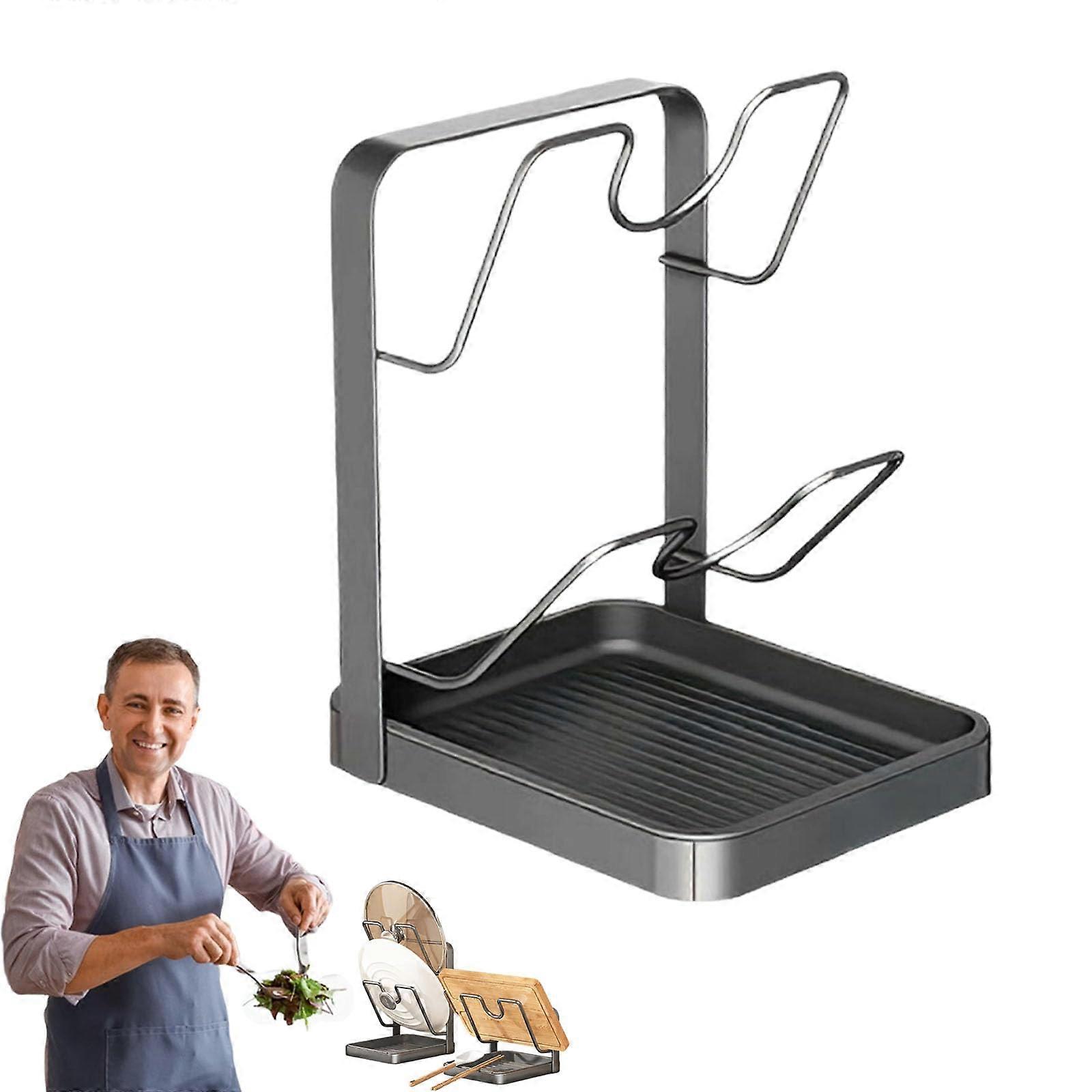 Pot Lid Organizer with Removable Drainage Tray, SpaceSaving Upright Kitchen Lid Holder, Gray DoubleLayer