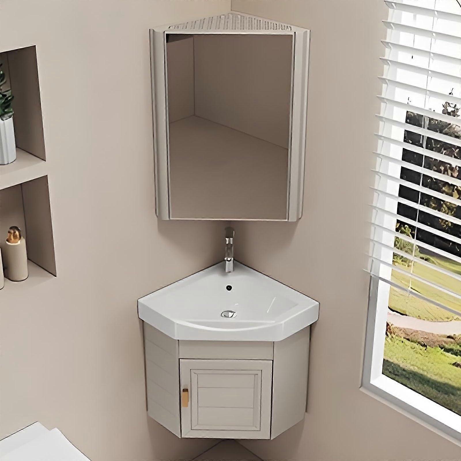Corner Bathroom Sink Wall Mounted Small Vanity with Storage Space Saving Waterproof Beige 43cm