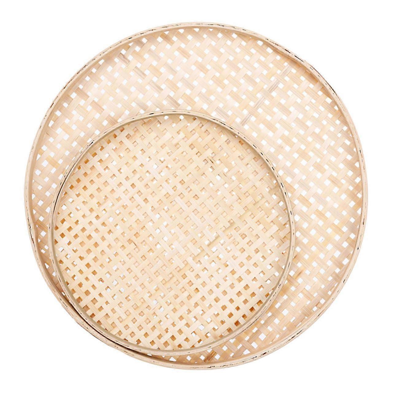 2Pcs Handmade Bamboo Sieve and Food Tray Set for Kitchen Drying, Rustic Stackable Organizer