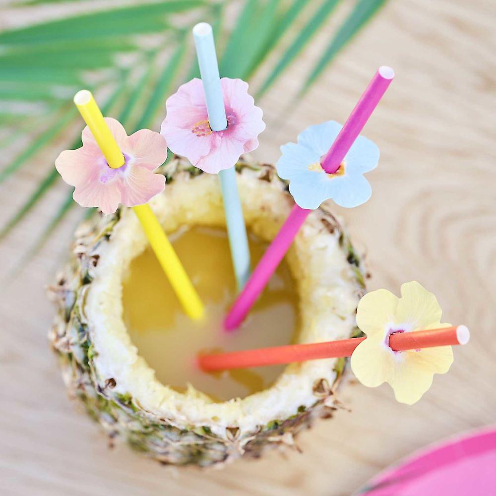 Hawaiian Tiki Flower Paper Straws | Tropical Party Floral BBQ Tableware x 16