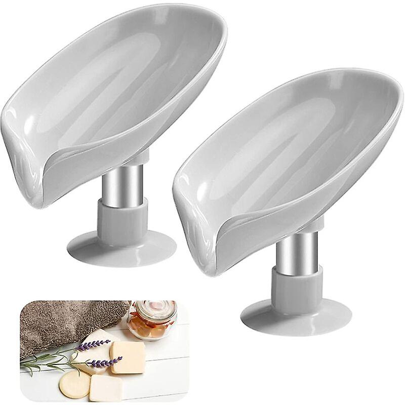 Suction Cup Soap Dish 2 Pcs Gray Leaf Shaped Soap Dish Plastic Sponge Soap Dish, Soap Box with Drainage, Suitable for Countertop, Shower gray ,77g