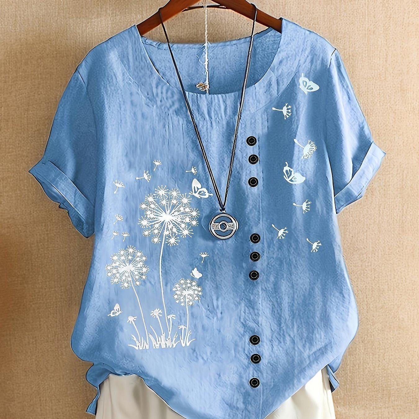 מידה גדולה שן הארי דפוס שרוולים קצרים חולצת טי נשים S פלוס מזדמנים טי צווארון עגול