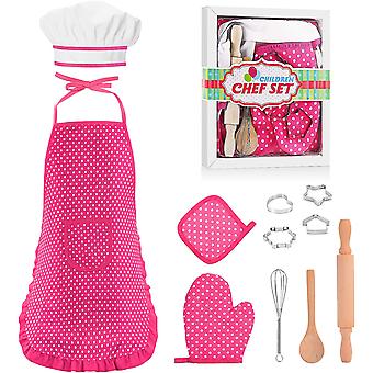Childrens apron with chefs hat, 11-piece cooking set, toddlers apron, chefs kitchen baking toolsPink plaid