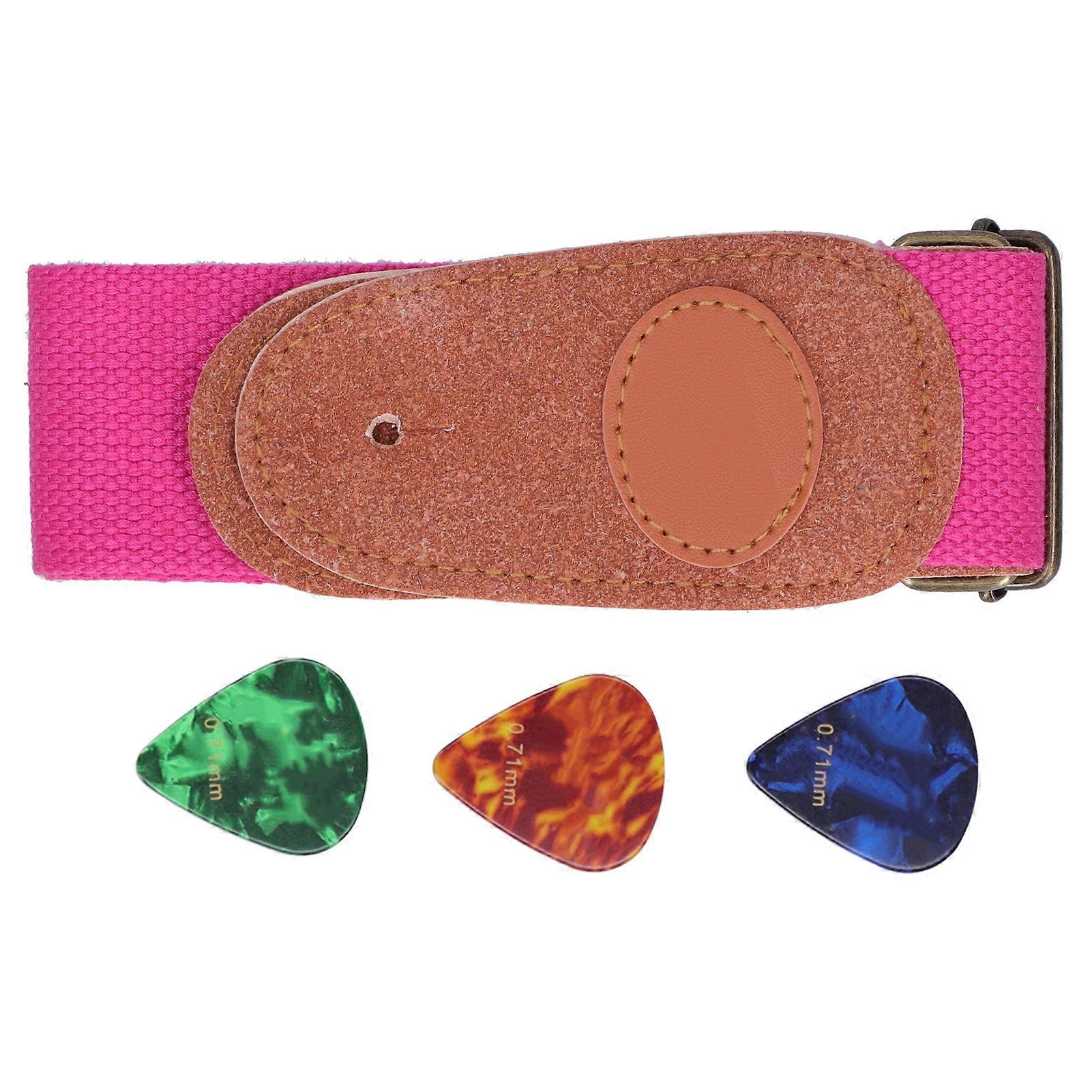 Correa de guitarra de algodón rosa con púas de celuloide y partes metálicas