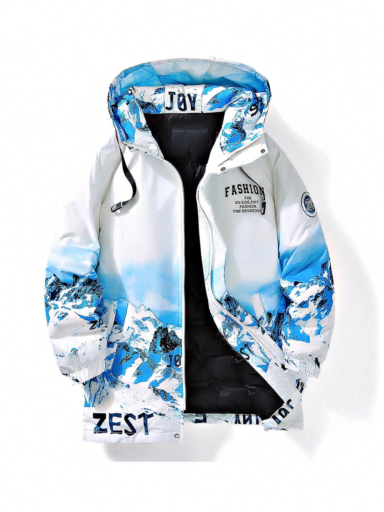 Men Letter Graphic Zip Up Hooded Down Coat