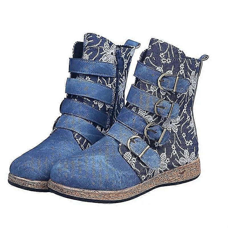 Kadın Çiçek Baskı Etnik Botlar Retro Boho Toka Düz Çizme fermuar Yuvarlak Ayak Ayakkabı