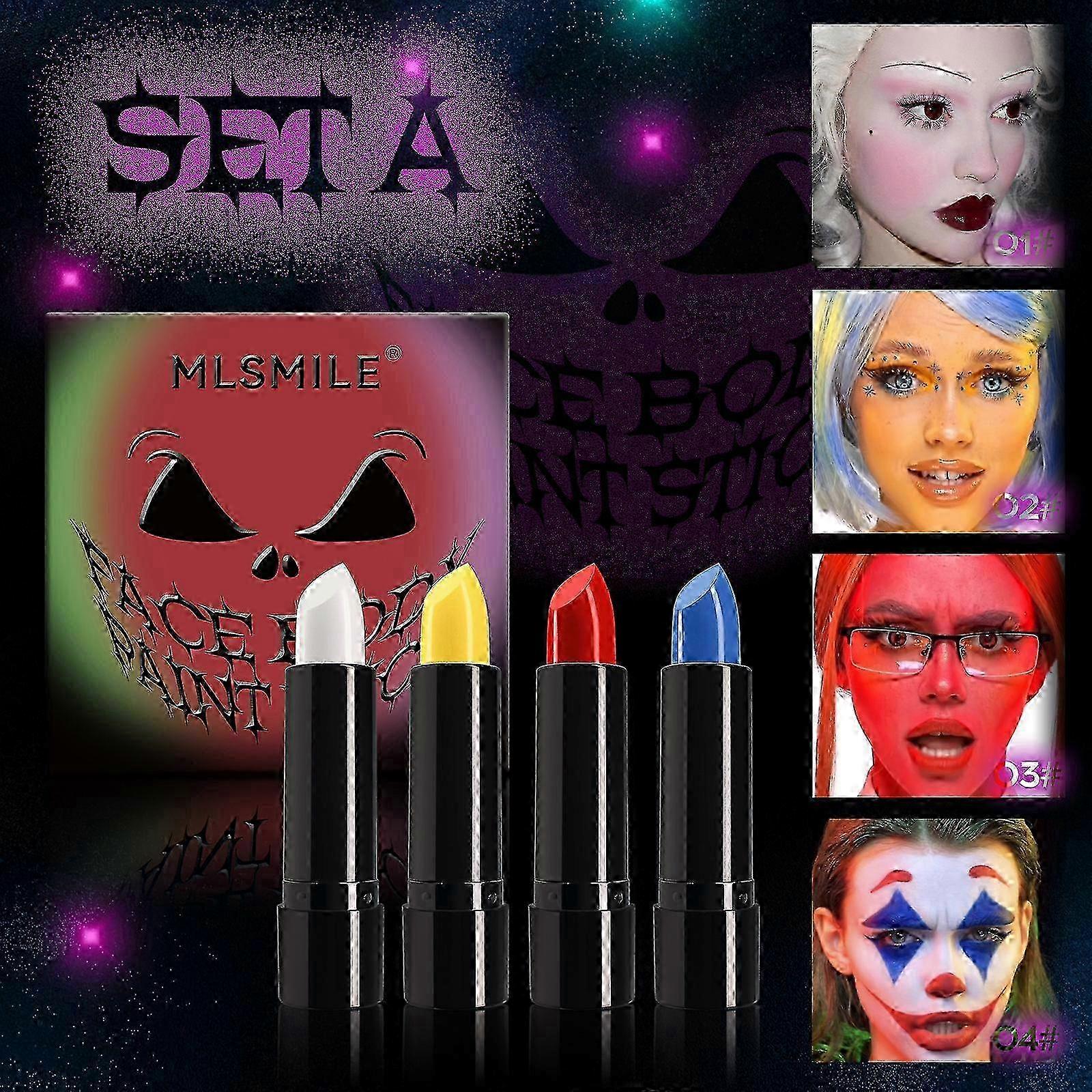 4 Colors Face Body Paint Stick, High Pigment Creamy Texture Blendable Face Painting Sticks Set, Halloween SFX Skeleton Clown Corpse Cosplay Makeup
