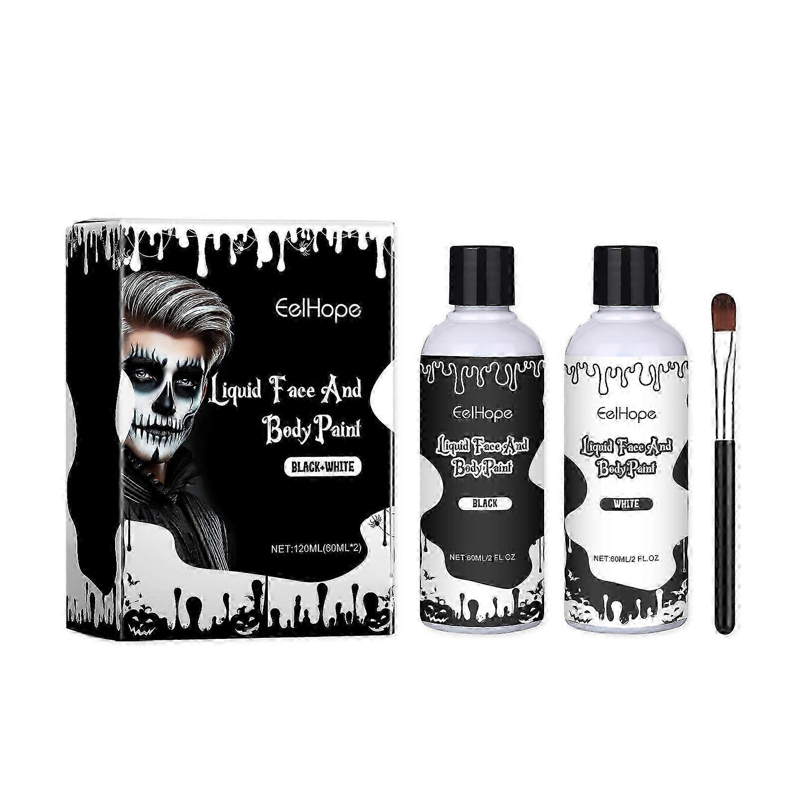 Black White Liquid Face Body Paint with Brush, Face Painting for Adults and Kids, Body Paint for Halloween SFX Clown Skull Zombie Makeup