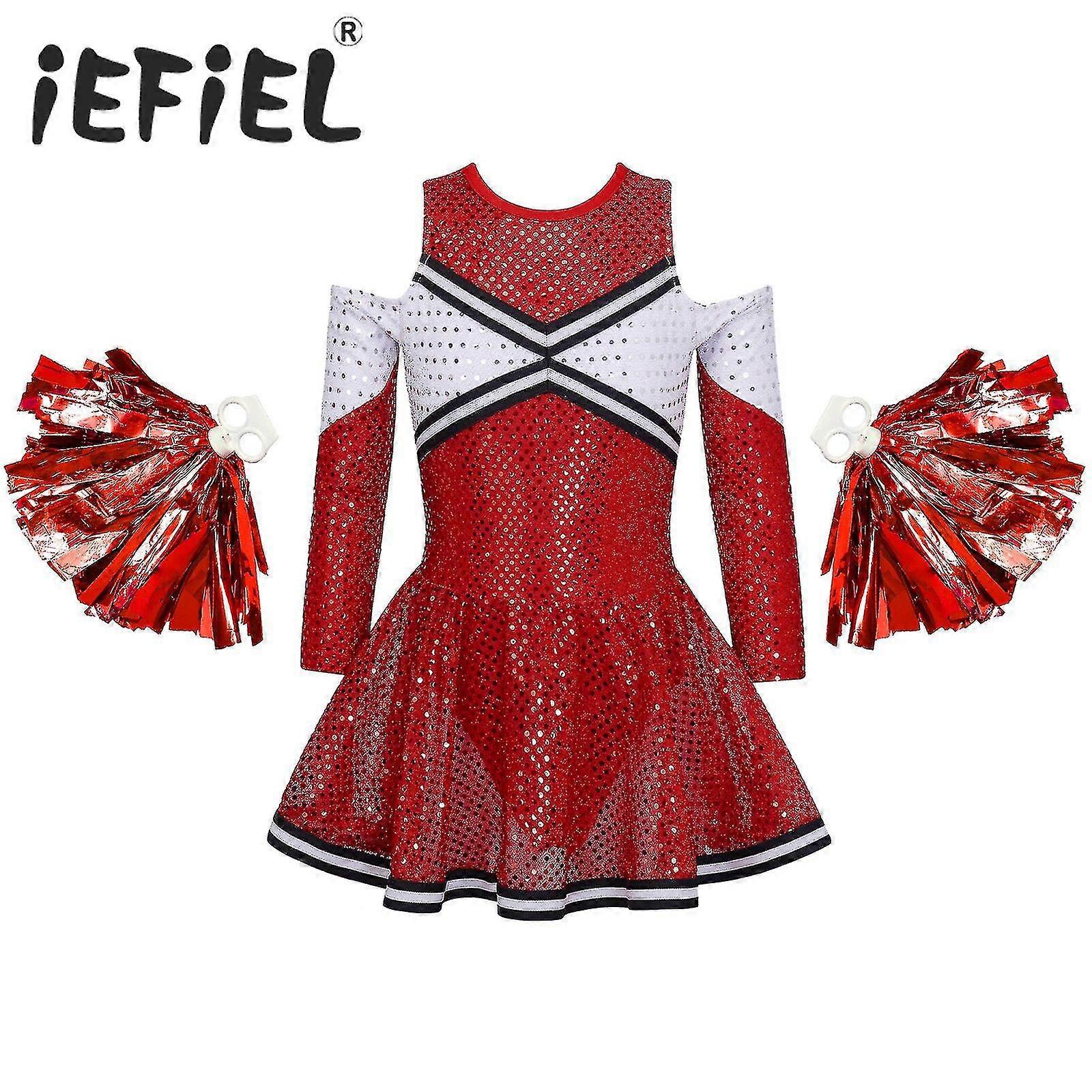 Kids Girls Cheerer Costume Uniform Sets Off-shoulder Shiny Sequins With 1 P Flower Set For Cheer