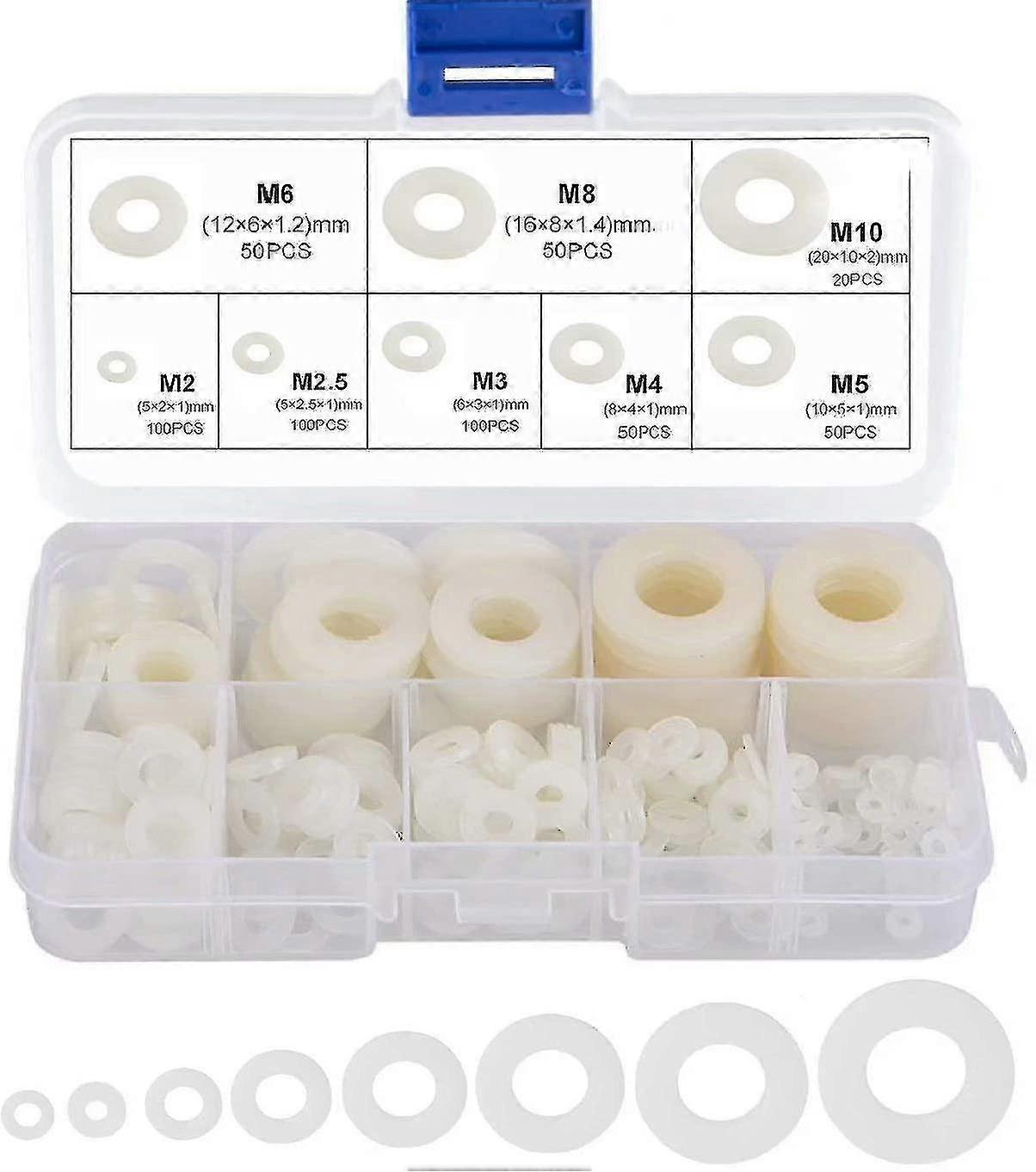 550pcs White Nylon Washer Flat Round Plastic Spacer Gasket M2-m10