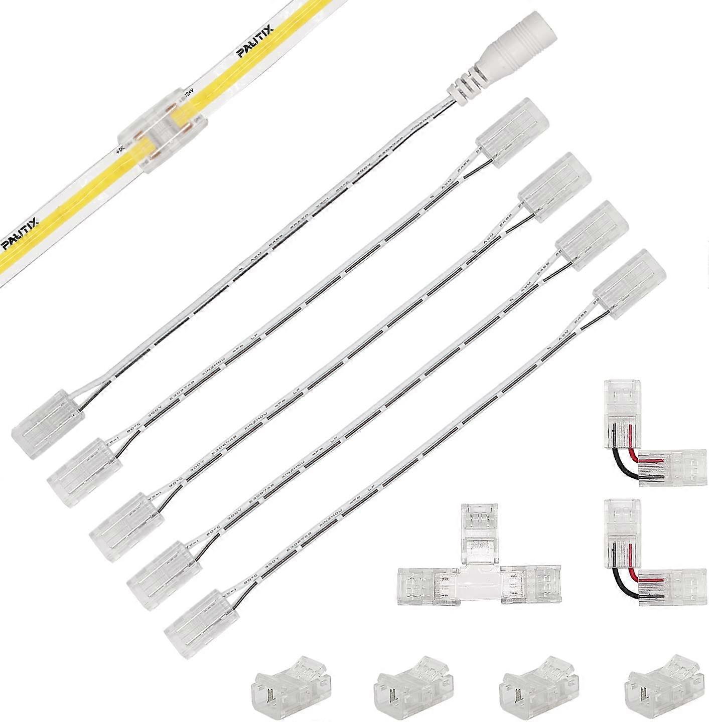 12 Pack 8mm 2 Pin LED Connector Kit for COB LED Strip, Includes 4 Middle Connectors, 2 L-Shape, 1 T-Shape, 4 15cm Double Ended Extension Cord and 1 DC